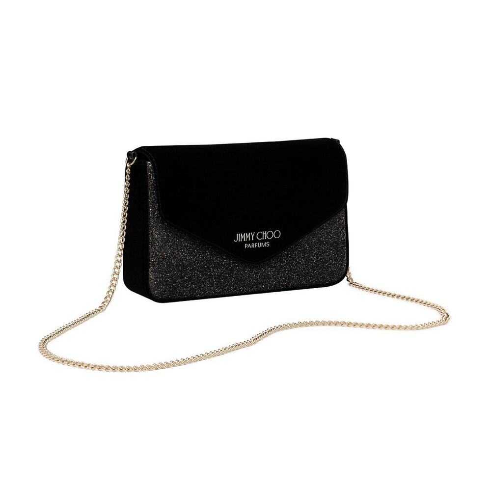 Jimmy Choo Parfums Black Glitter Clutch Crossbody Bag Gold Chain NWT